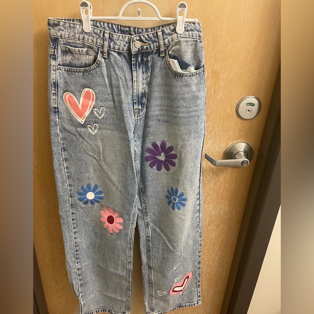 Floral & Heart Print Straight Leg Jeans